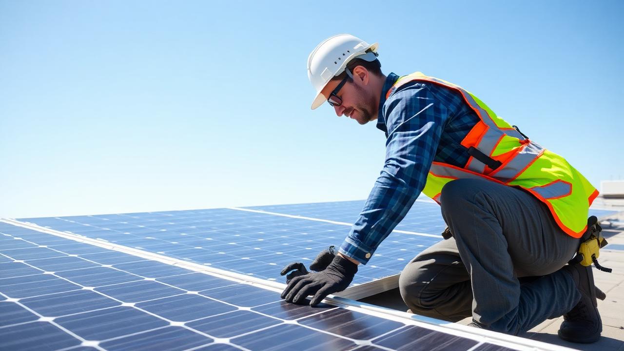 Solar technician installing panels on a rooftop